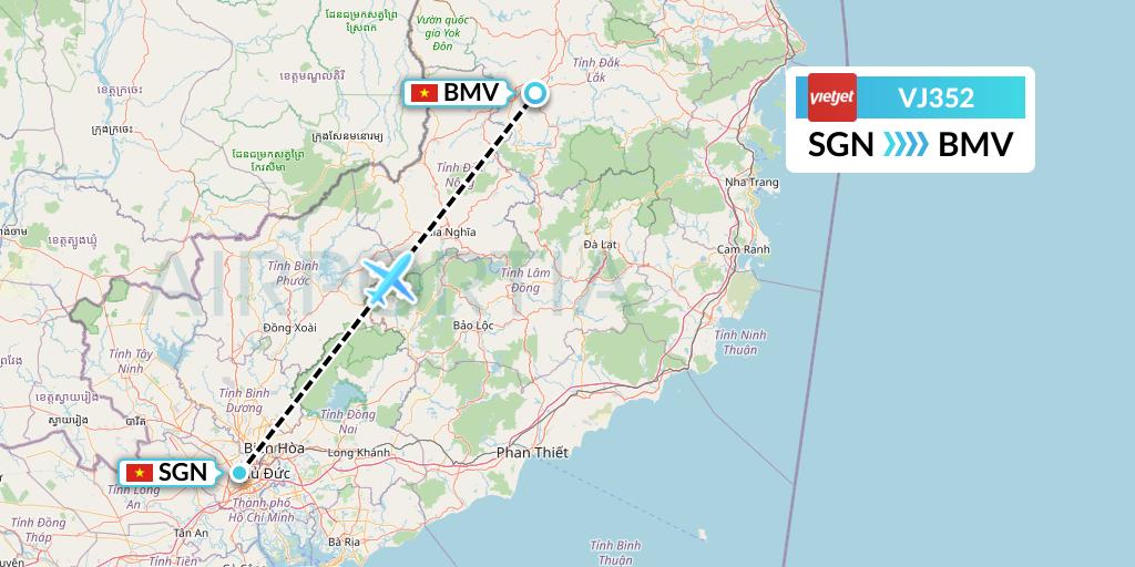 VJ352 VietJet Air Flight Map: Ho Chi Minh City to Buon Ma Thuot