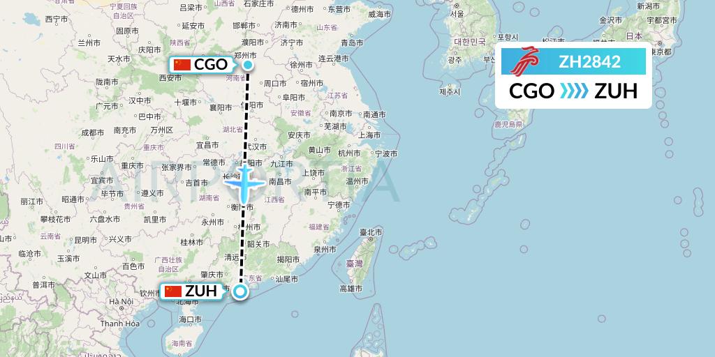 ZH2842 Shenzhen Airlines Flight Map: Zhengzhou to Zhuhai