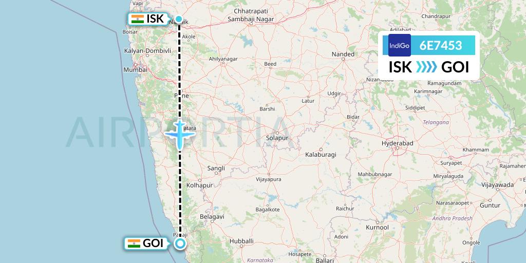 6E7453 IndiGo Airlines Flight Map: Nashik to Goa