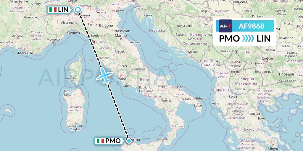 AF9868 Air France Flight Map: Palermo to Milan