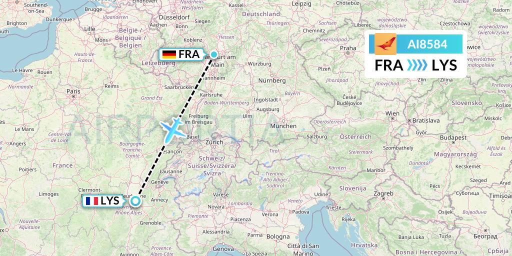 AI8584 Air India Flight Map: Frankfurt to Lyon