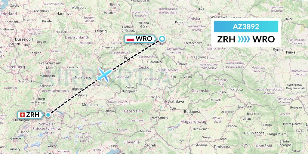 AZ3892 ITA Airways Flight Map: Zurich to Wroclaw
