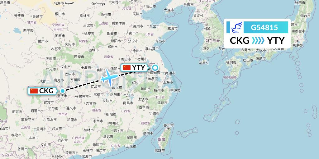 G54815 China Express Airlines Flight Map: Chongqing to Yangzhou