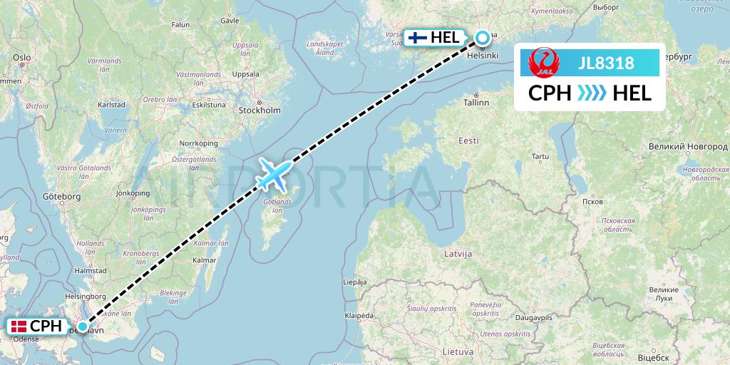 JL8318 Japan Airlines Flight Map: Copenhagen to Helsinki