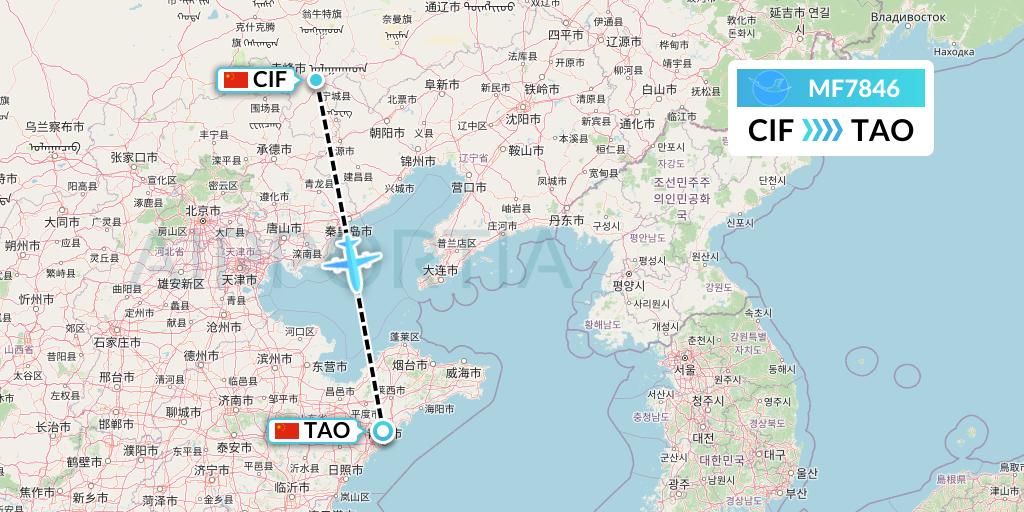 MF7846 Xiamen Airlines Flight Map: Chifeng to Qingdao