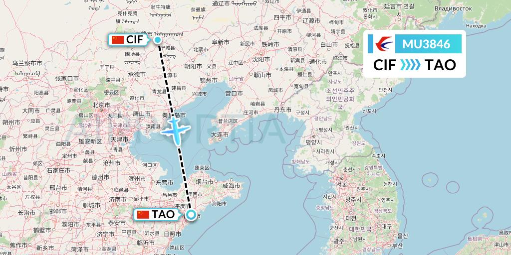 MU3846 China Eastern Airlines Flight Map: Chifeng to Qingdao
