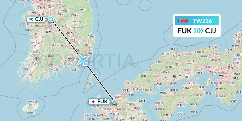 TW226 T'way Air Flight Map: Fukuoka to Cheongju