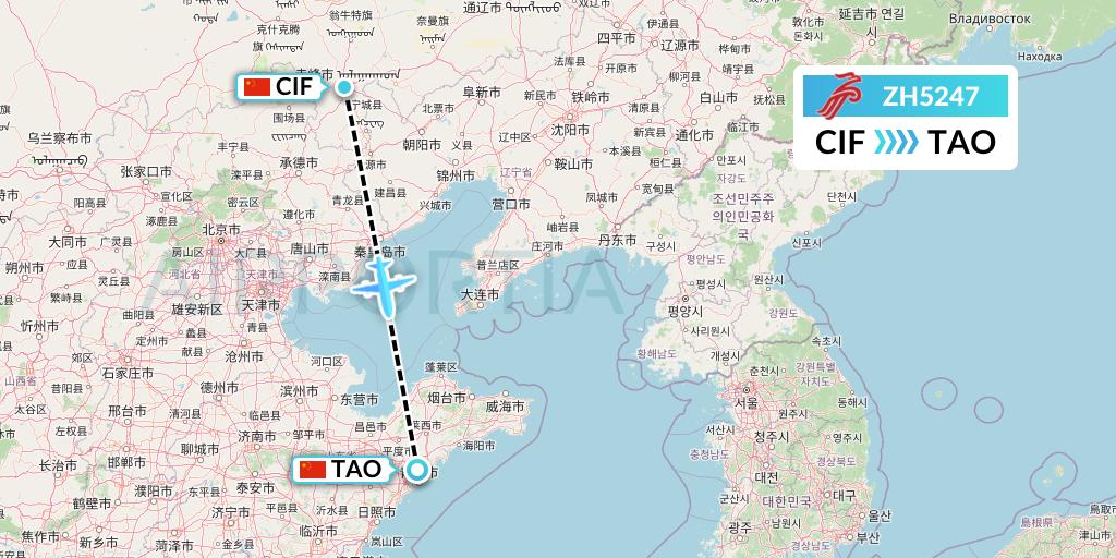 ZH5247 Shenzhen Airlines Flight Map: Chifeng to Qingdao