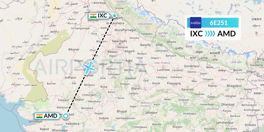 6E251 IndiGo Airlines Flight Map: Chandigarh to Ahmedabad