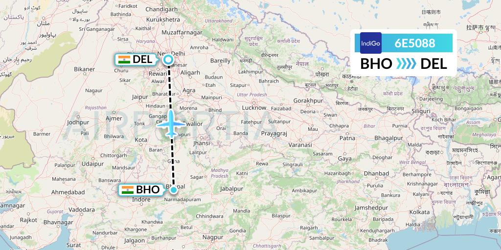 6E5088 IndiGo Airlines Flight Map: Bhopal to Delhi