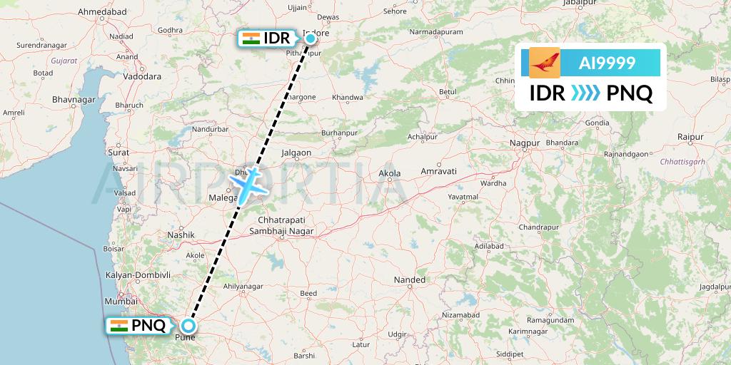 AI9999 Air India Flight Map: Indore to Pune