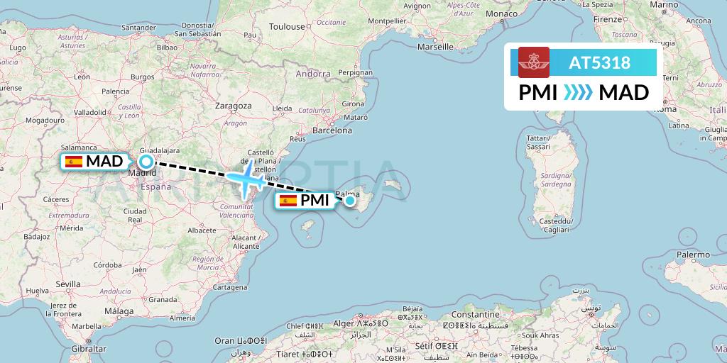 AT5318 Royal Air Maroc Flight Map: Palma de Mallorca to Madrid