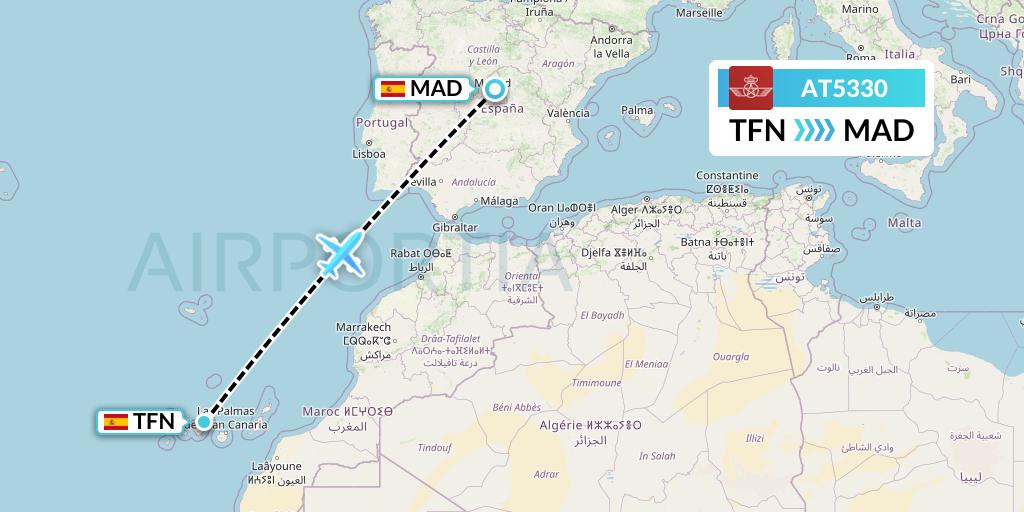 AT5330 Royal Air Maroc Flight Map: Tenerife to Madrid