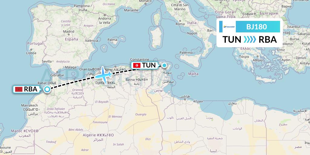 BJ180 Nouvelair Tunisie Flight Map: Tunis to Rabat