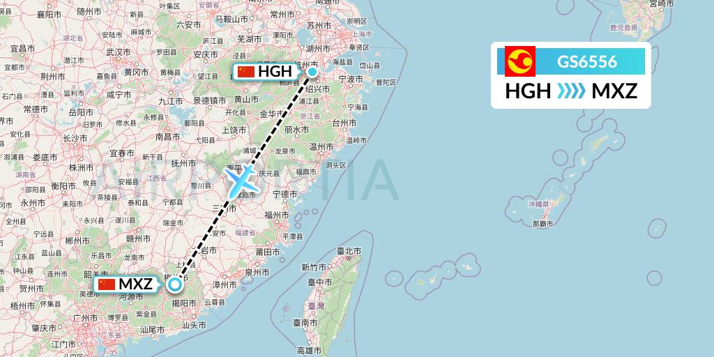 GS6556 Tianjin Airlines Flight Map: Hangzhou to Meixian