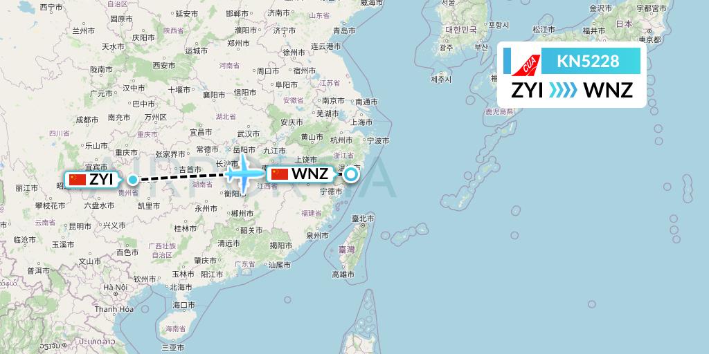 KN5228 China United Airlines Flight Map: Zunyi to Wenzhou