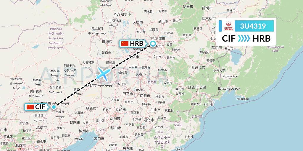 3U4319 Sichuan Airlines Flight Map: Chifeng to Harbin