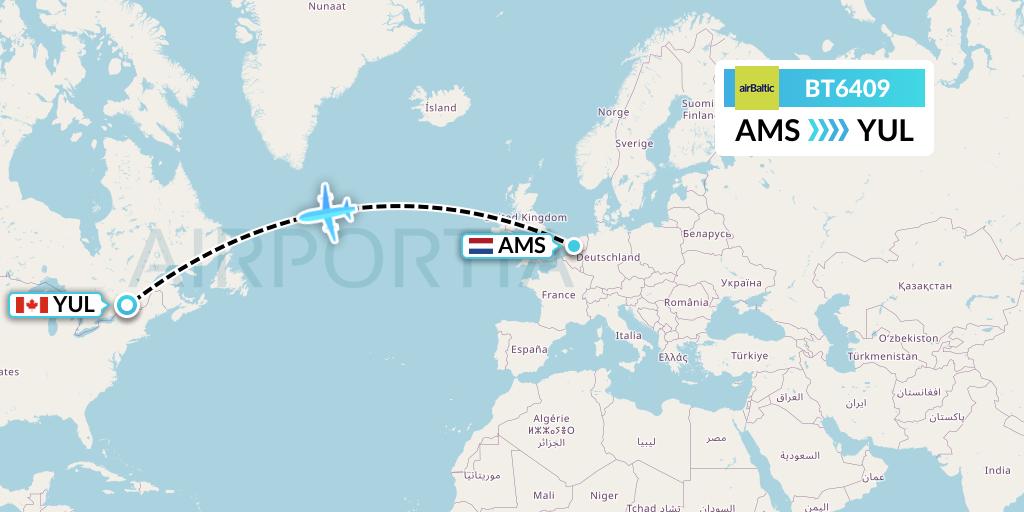 BT6409 Air Baltic Flight Map: Amsterdam to Montreal