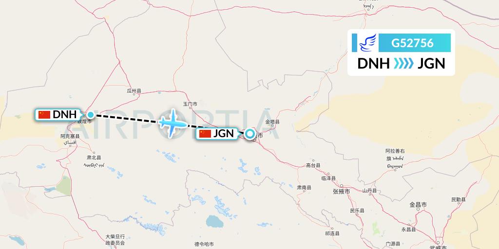G52756 China Express Airlines Flight Map: Dunhuang to Jiayuguan