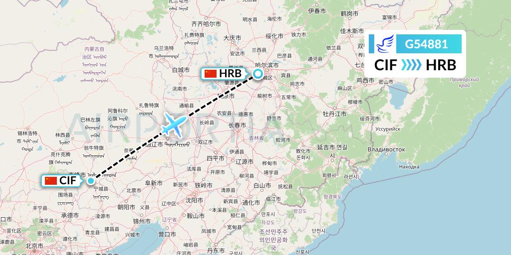 G54881 China Express Airlines Flight Map: Chifeng to Harbin