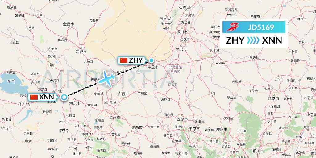 JD5169 Capital Airlines Flight Map: Zhongwei to Xining