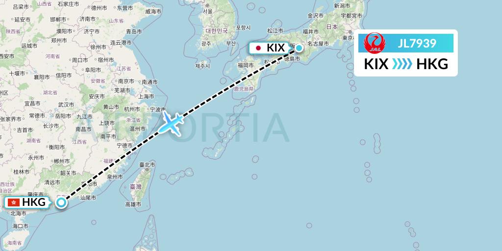 JL7939 Japan Airlines Flight Map: Osaka to Hong Kong