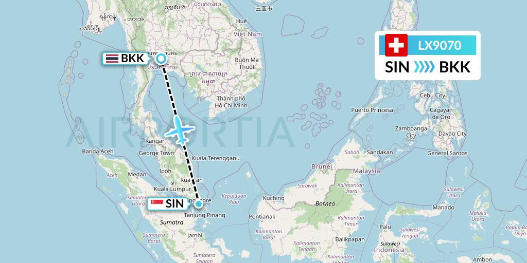 LX9070 Swiss Flight Map: Singapore to Bangkok