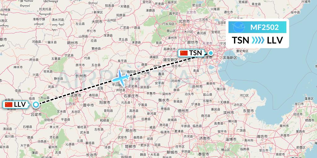 MF2502 Xiamen Airlines Flight Map: Tianjin to Kunming