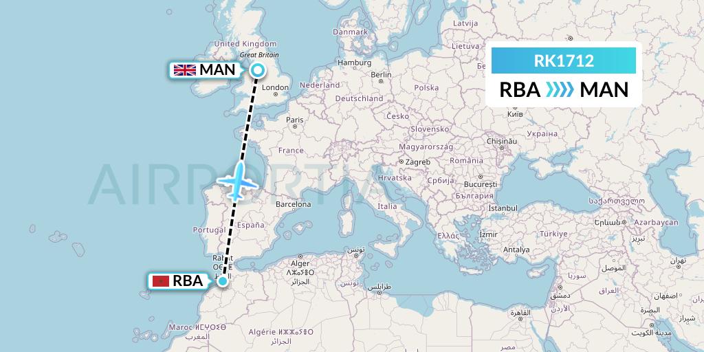 RK1712 Ryanair UK Flight Map: Rabat to Manchester