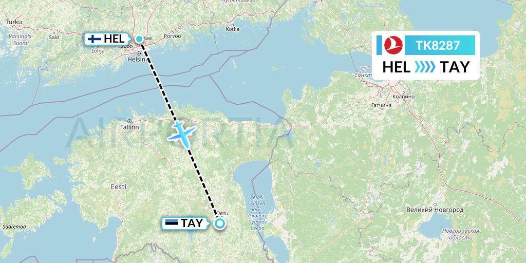 TK8287 Turkish Airlines Flight Map: Helsinki to Tartu
