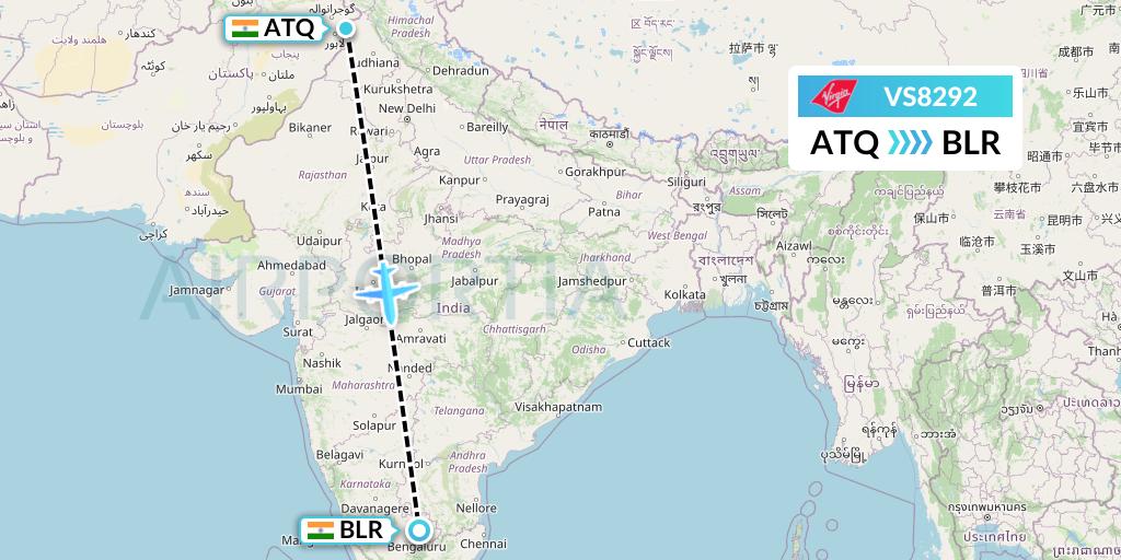 VS8292 Virgin Atlantic Airways Flight Map: Amritsar to Bangalore