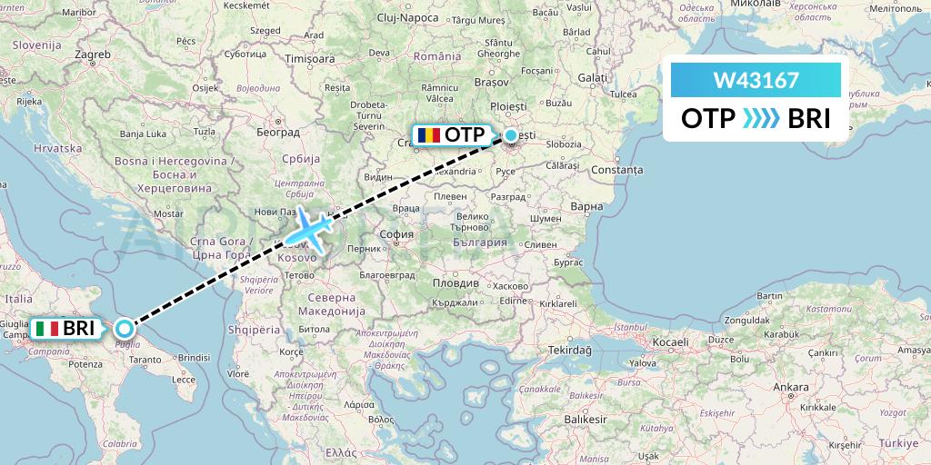 W43167 Wizz Air Malta Flight Map: Bucharest to Bari