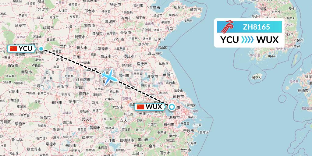ZH8165 Shenzhen Airlines Flight Map: Yuncheng to Wuxi
