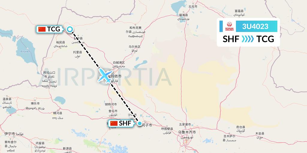 3U4023 Sichuan Airlines Flight Map: Shihezi to Tacheng
