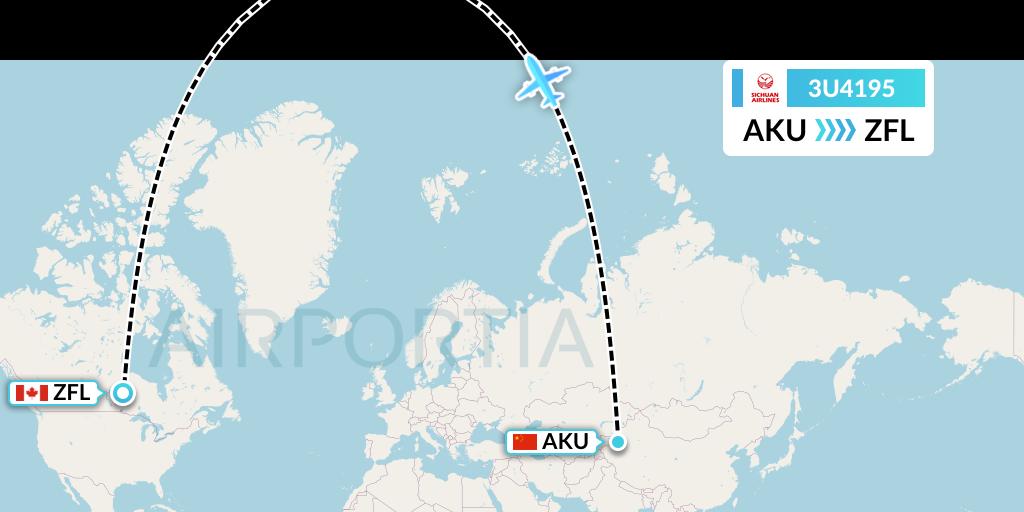 3U4195 Sichuan Airlines Flight Map: Aksu to South Trout Lake