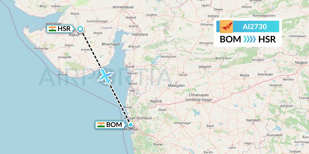 AI2730 Air India Flight Map: Mumbai to Rajkot