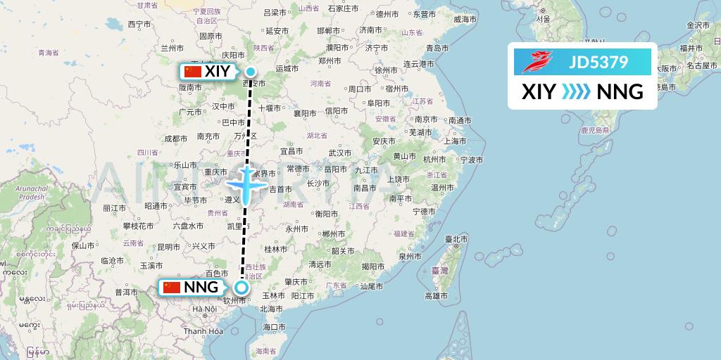 JD5379 Capital Airlines Flight Map: Xi'an to Nanning