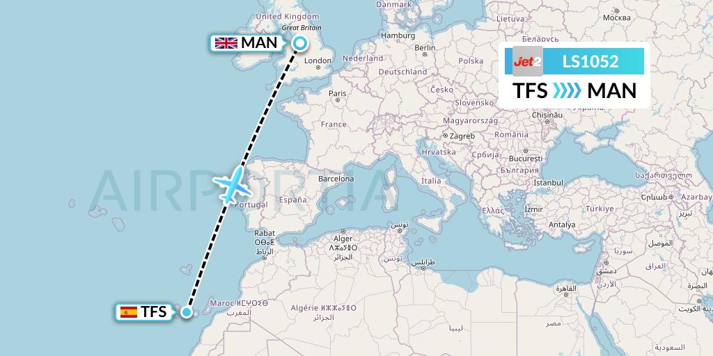 LS1052 Jet2 Flight Map: Tenerife to Manchester