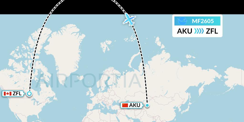 MF2605 Xiamen Airlines Flight Map: Aksu to South Trout Lake