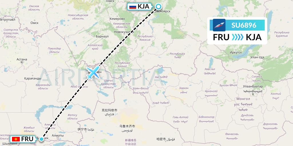 SU6896 Aeroflot Flight Map: Bishkek to Krasnoyarsk