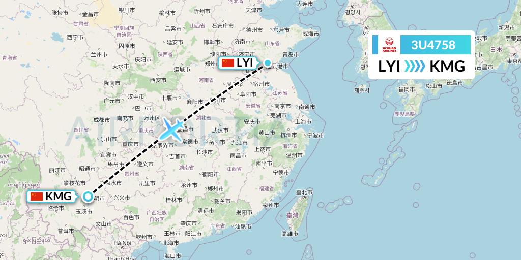 3U4758 Sichuan Airlines Flight Map: Linyi to Kunming