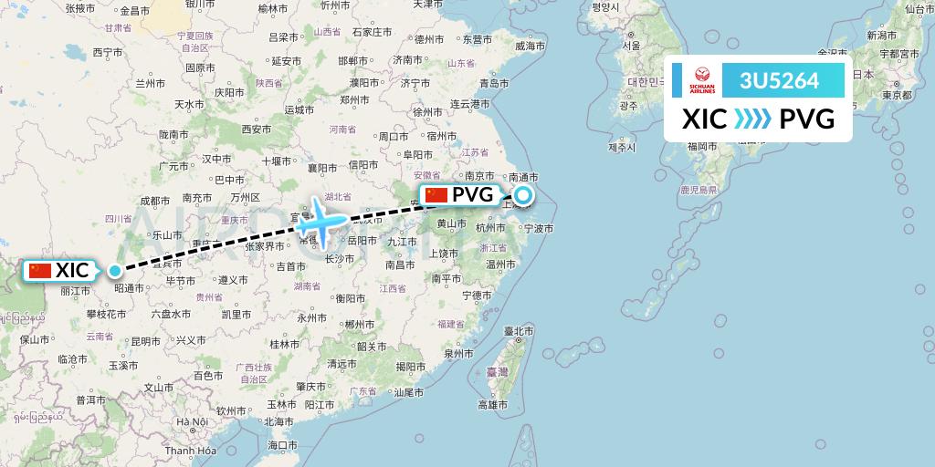 3U5264 Sichuan Airlines Flight Map: Xichang to Shanghai