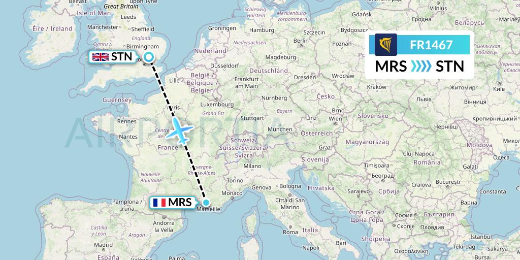 FR1467 Ryanair Flight Map: Marseille to London