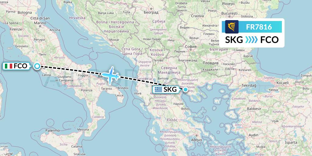 FR7816 Ryanair Flight Map: Thessaloniki to Rome