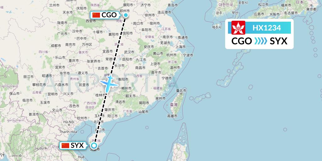 HX1234 Hong Kong Airlines Flight Map: Zhengzhou to Sanya