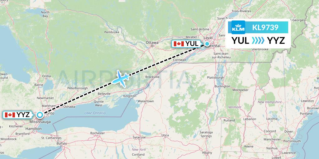 KL9739 KLM Flight Map: Montreal to Toronto