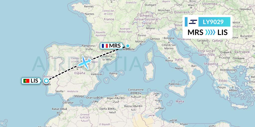 LY9029 El Al Flight Map: Marseille to Lisbon