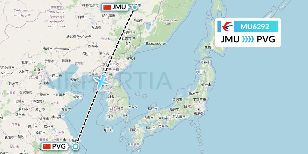 MU6292 China Eastern Airlines Flight Map: Jiamusi to Shanghai
