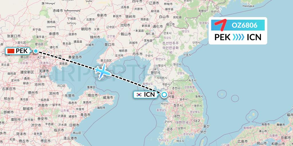 OZ6806 Asiana Airlines Flight Map: Beijing to Seoul