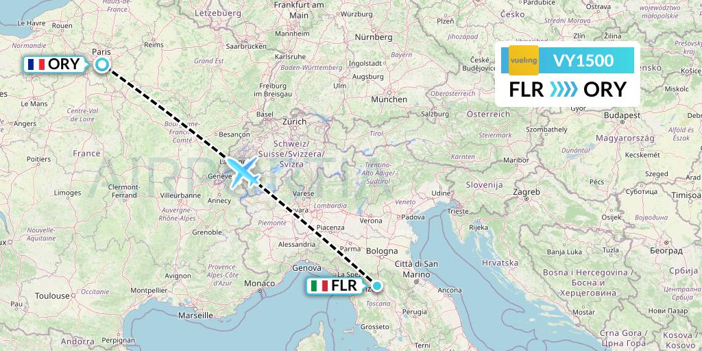 VY1500 Vueling Flight Map: Florence to Paris